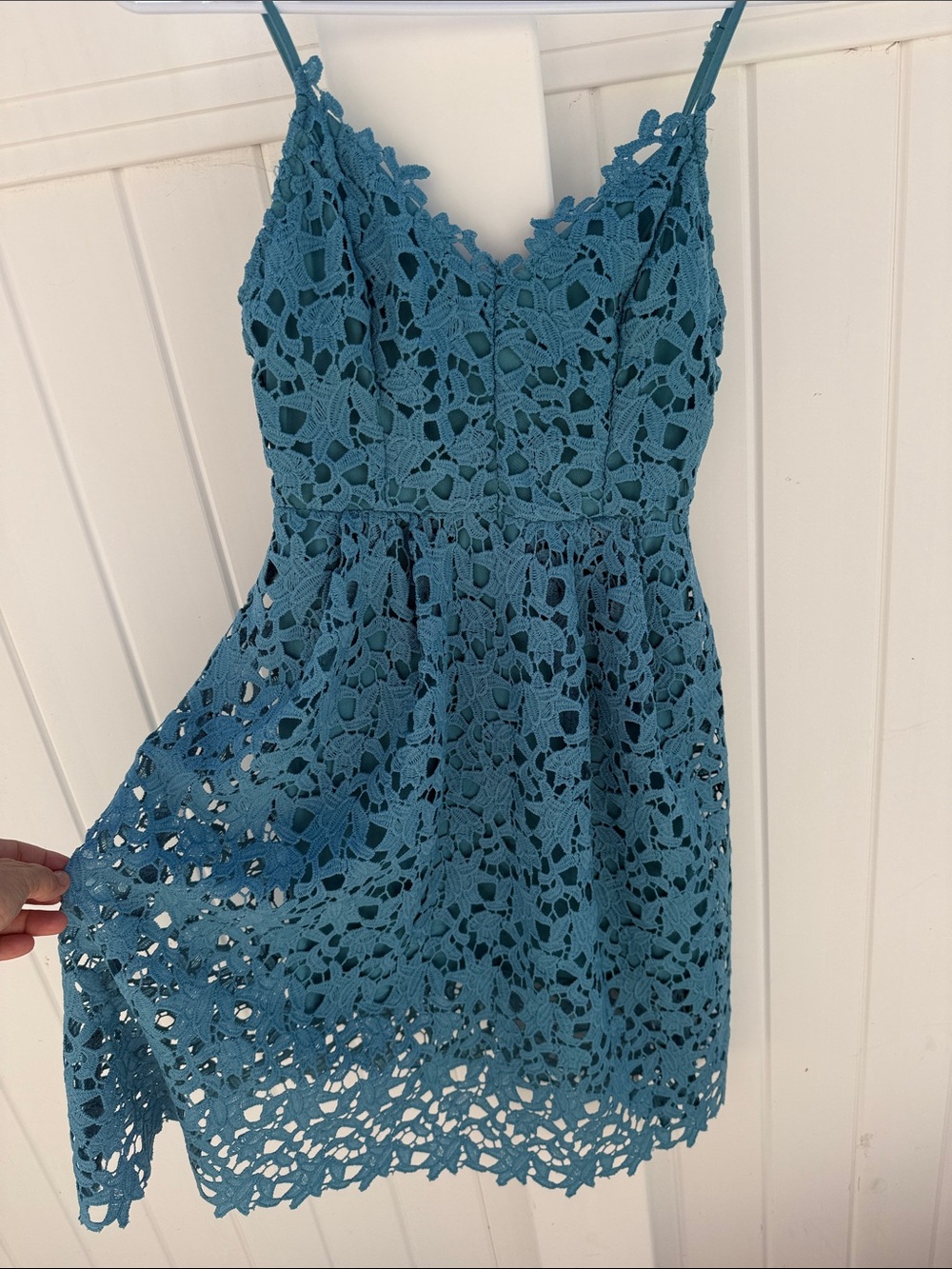 Astr Turquoise Crochet Lace Spaghetti Strap Mini Dress, zip in back w lining S